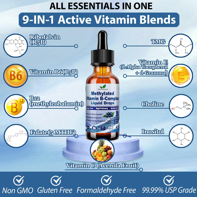 2 Pack Methylated B Complex Liquid Drops Complete 9-in-1 Methyl B Vitamins w. B12 Methylfolate Inositol Choline TMG Vitamin C E, Super B-Complex Methylated for MTHFR Support, Energy Mood Nerve Health1