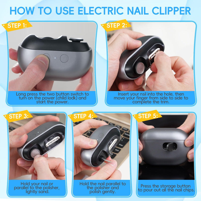 Electric Nail Clipper, 3 in 1 Electric Nail Trimmer and Polisher with LED Light & Clip Storage, USB Rechargeable, 2 Speed Electric Nail File for Baby, Kids, Caregivers, Seniors - BeesActive Australia