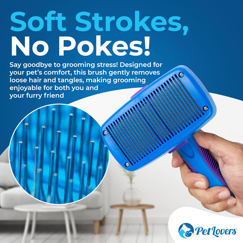 PetLovers EzSlicker Self-Cleaning Brush - Dog Brush for Shedding, Gentle Slicker Brush for Cats, Tangle-Free Grooming Comb with Soft Bristles & Ergonomic Handle for Stress-Free Grooming - BeesActive Australia
