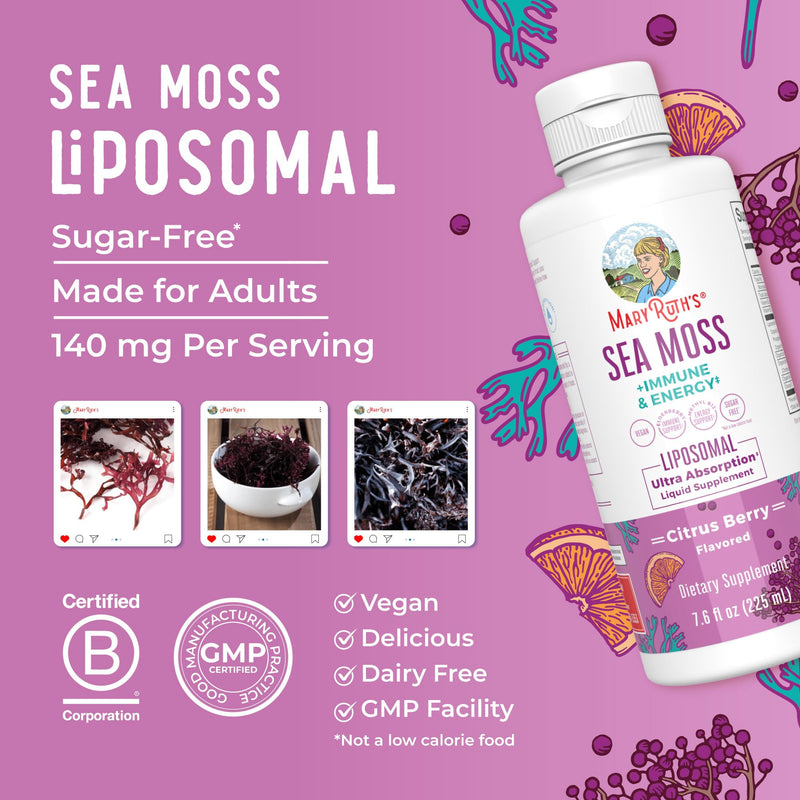 MARYRUTH'S Sea Moss + Immune & Energy Liposomal 140mg Irish Sea, 7.6 oz | 140mg Irish Sea Moss, Vitamin B12, Vitamin E, Elderberry, Rose Hip Oil, Orange Oil