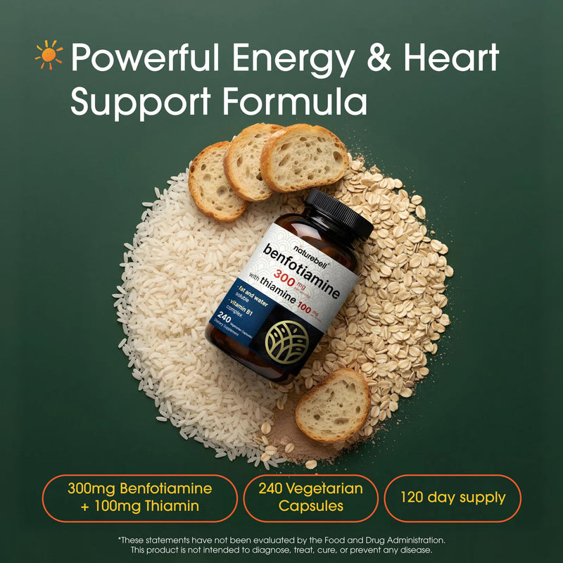 NatureBell Benfotiamine with Thiamine - 240 Vegetarian Capsules - 300mg Benfotiamine & 100mg Thiamine - for Heart Health, Energy Production & Nervous System Support* - Vitamin B1 Complex