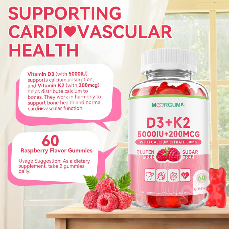 Vitamin D3 K2 Gummies with 5000IU D3, 200mcg K2 (MK-4 & MK-7 Blend), 80mg Calcium, Supports Calcium Absorption, Bone Health & Immune Support, Raspberry Flavor, 60 Count