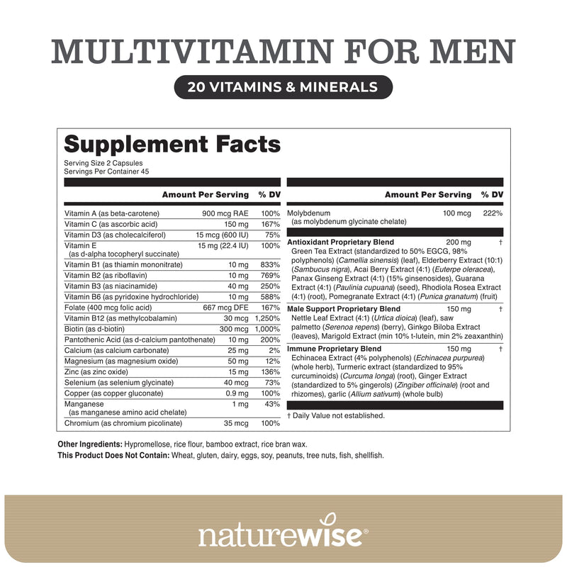 NatureWise Multivitamin for Men - Daily Male Support - Minerals & Herbs for Energy, Performance, Immunity - with Vitamin A, C, D, B-Complex - Soy & Gluten-Free, Non-GMO - 90 Capsules[45-Day Supply] Unflavored 90 Count (Pack of 1)