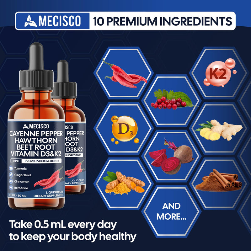 2 Packs of 30ml - Cayenne Pepper Liquid Drops with Vitamin D3, Vitamin K2, Hawthorn Berry, Beet Root, Ginger, Ceylon Cinnamon, Turmeric, Berberine - Digestion Support - 120 Day Supply