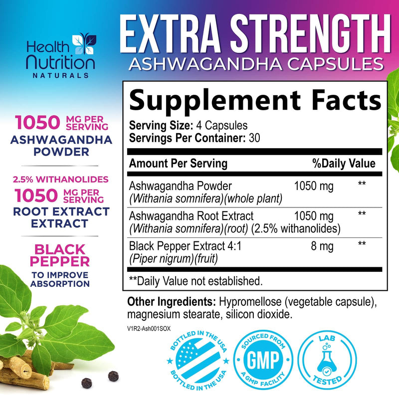 Ashwagandha Supplements - Best Ashwagandha Root & Powder Capsule with Black Pepper for Max Absorption - Naturally Calm & Unwind for Women & Men - Vegan, Gluten Free, USA Bottled - 120 Capsules 120 Count (Pack of 1)