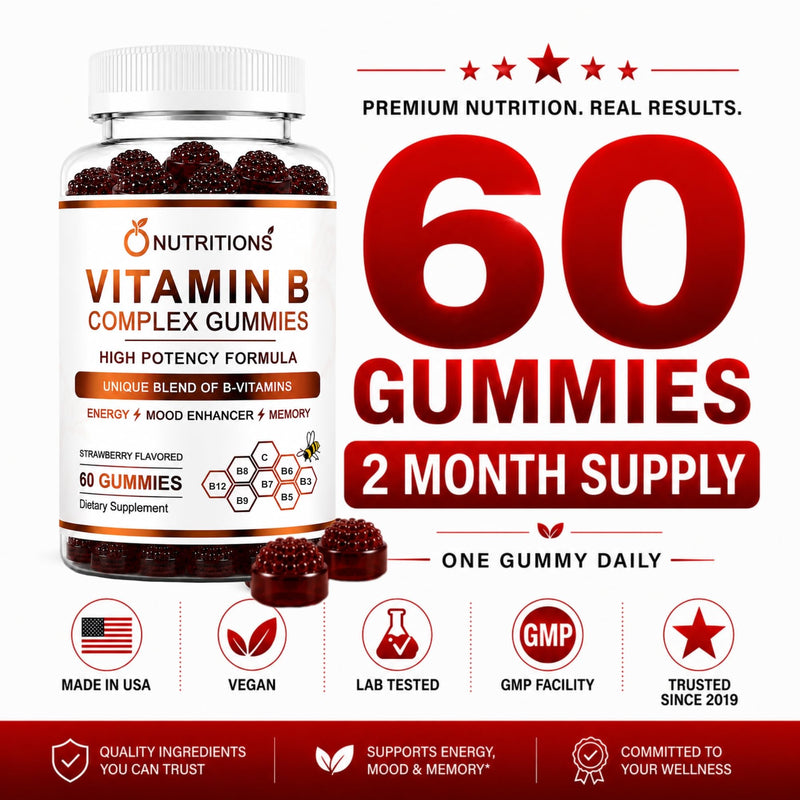 O NUTRITIONS Vitamin B Complex Gummies for Women & Men - Vitamin B12, Biotin, Folate, Vitamin C - Energy, Mood, Memory & Focus Support - Hair, Skin & Nails - Vegan Strawberry Gummies, 60 Count 1 PACK