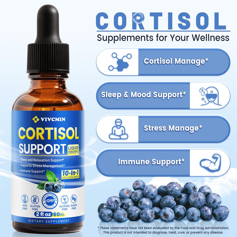 vivcmin 10 in 1 Cortisol Supplements for Women, Mood Support, 2 Fl Oz | Drops, Cortisol Reducer with Ashwagandha, Magnesium, L-Theanine, for Men, Non-GMO, Gluten Free, Blueberry Flavor 2 Fl Oz (Pack of 1)