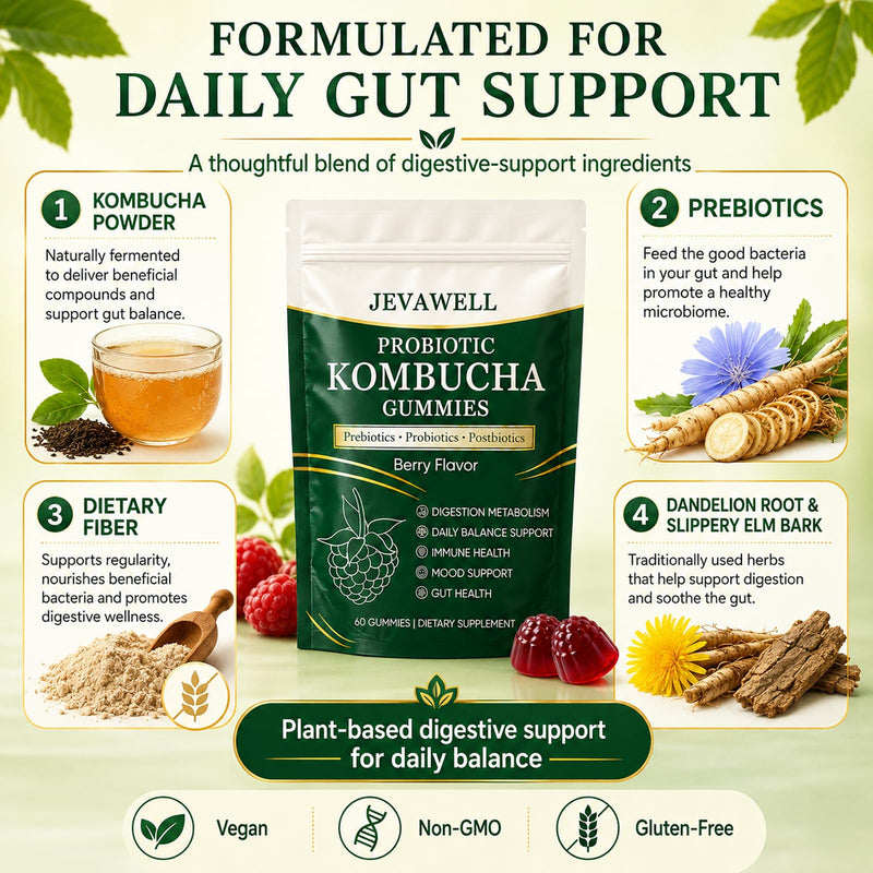 Jevawell Kombucha Gummies, Probiotic Digestive Health Supplement with, Organic Prebiotics for Gut Health, Immune Boost, and Natural Energy – Vegan, Non-GMO, Gluten-Free, 120 Gummies 1 Ounce (Pack of 2)