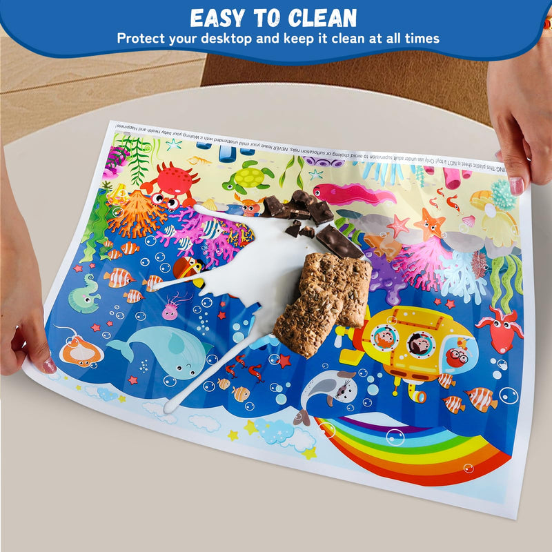 Sticky Disposable Placemats 40Pack: 12" x 18" Adhesive Table Mats for Baby,Plastic Travel Placemats for Restaurant High Chair Eating(Animal Space Ocean Dinosaur Theme) 12x18 Inch (Pack of 40)