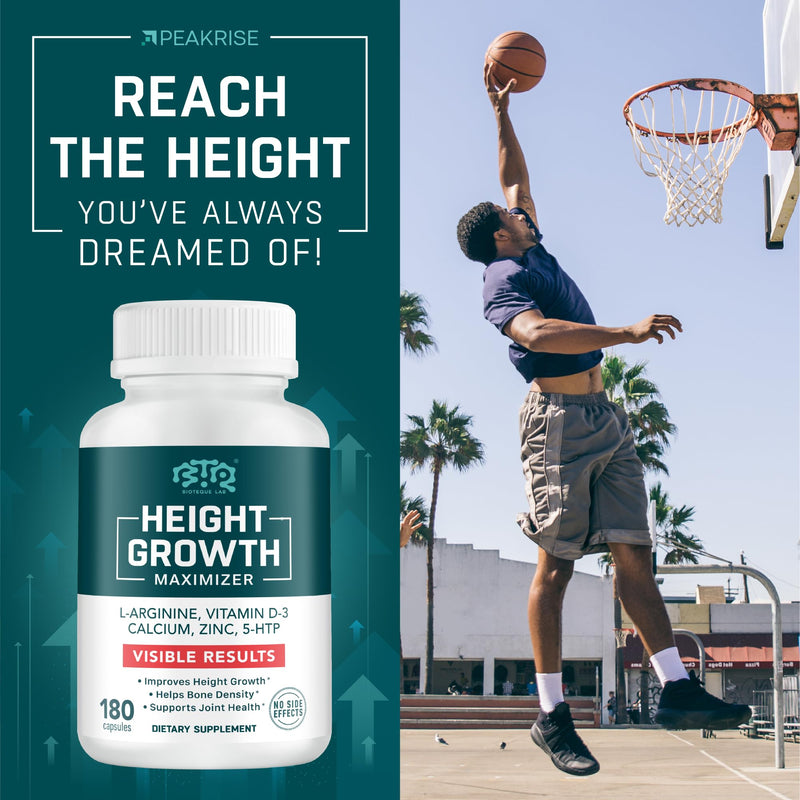 BIOTEQUELAB Height Growth Maximizer, Calcium, Vitamin D3 and Zinc Blend Pills, Bone Growth Supplement for Kids and Teens, Bone Strength, Density Support, GMO-Free, Gluten-Free, Made in USA, 180 Caps 180 Count (Pack of 1)
