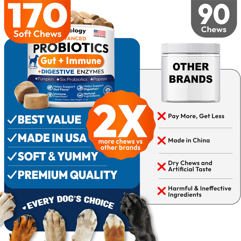 Probiotics for Dogs - 170 Dog Probiotics Chews - Digestive Enzymes & Prebiotics - Support Gut Health, Diarrhea, Gas & Constipation Relief - Itchy Skin, Allergies, Yeast Balance - Advanced Supplement 170 Chews Probiotic
