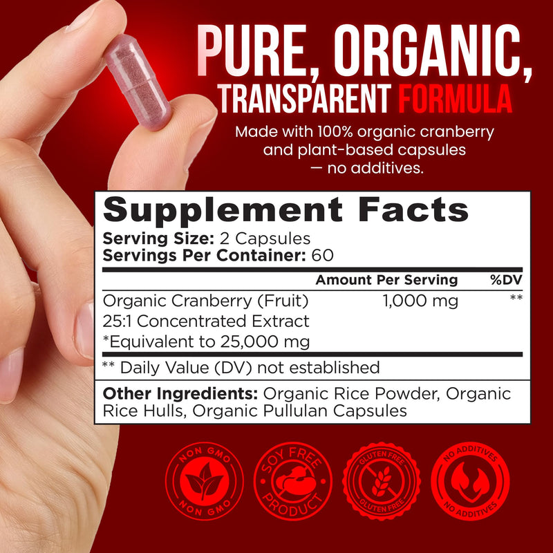 OmniBiotics USDA Organic Cranberry Pills for Women - High Potency 25,000 mg Supplement with 25:1 Fruit Extract - Daily Urinary Tract Support - 120 Vegan Capsules