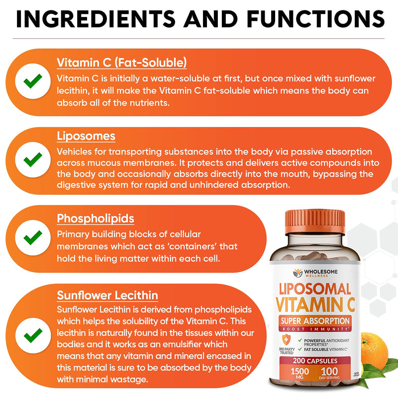 Liposomal Vitamin C Capsules (200 Pills 1500mg Buffered) High Absorption VIT C, Immune System & Collagen Booster, High Dose Fat Soluble Immunity Support Ascorbic Acid Supplement, Natural Vegan - BeesActive Australia
