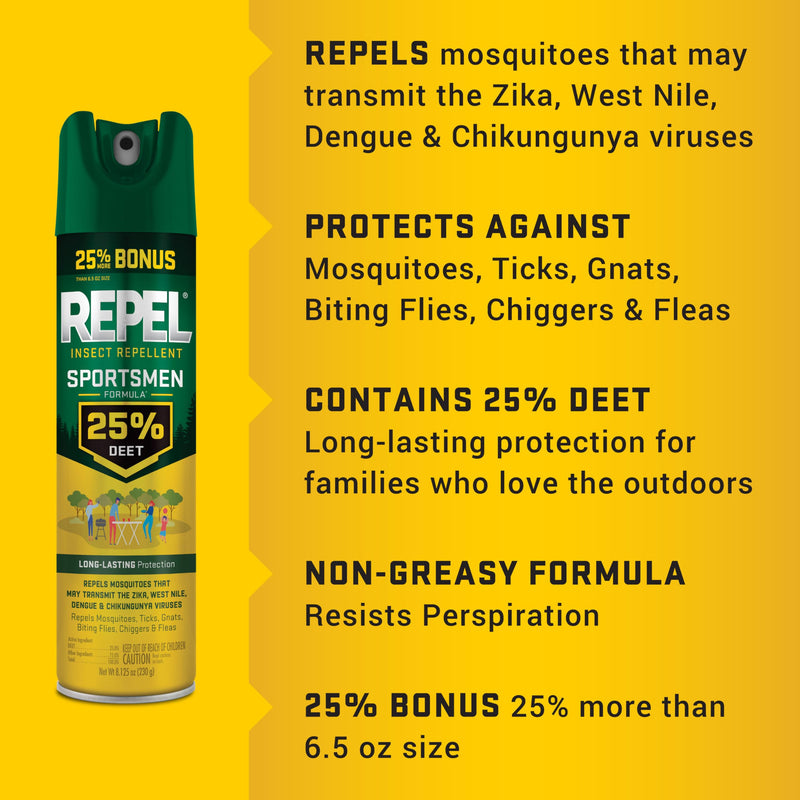 Repel Insect Repellent Sportsmen Formula 25% DEET, 8.125 Ounces, Bonus Aerosol with 25% DEET to Repel Mosquitoes, Ticks, Gnats, Biting Flies, Chiggers and Fleas for Long-Lasting Protection