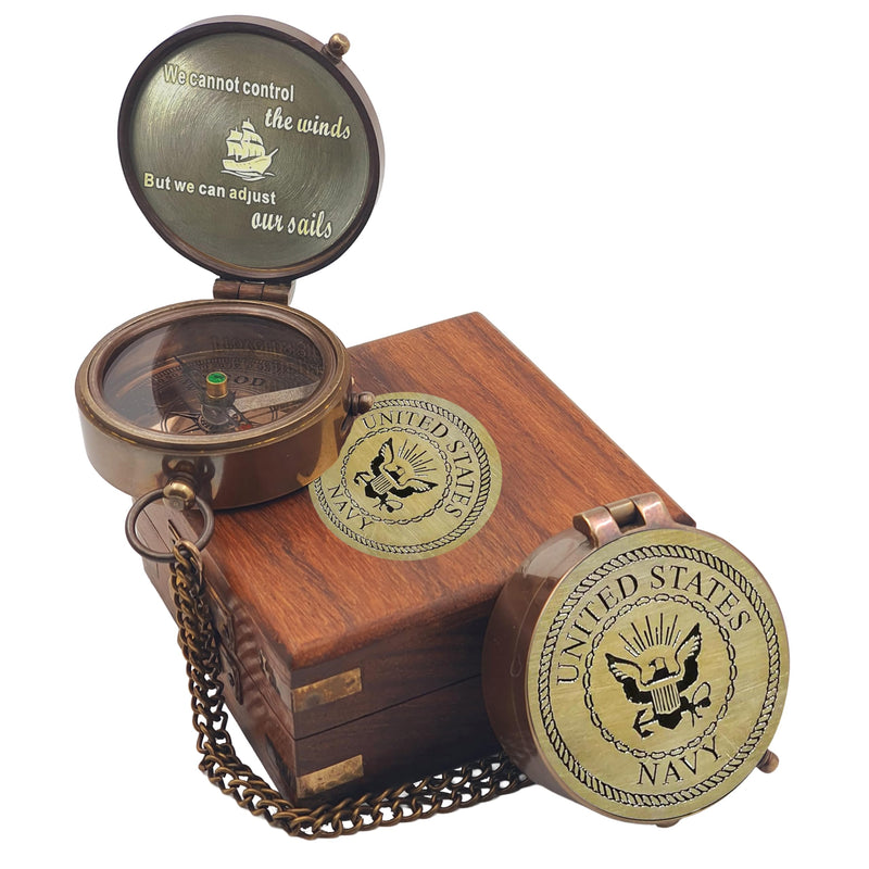 Compass - Gift for Army, Navy, Marine Corps, Baptism, Easter, Birthday, Fathers Day, Graduation, Wedding Navy With Wooden Box