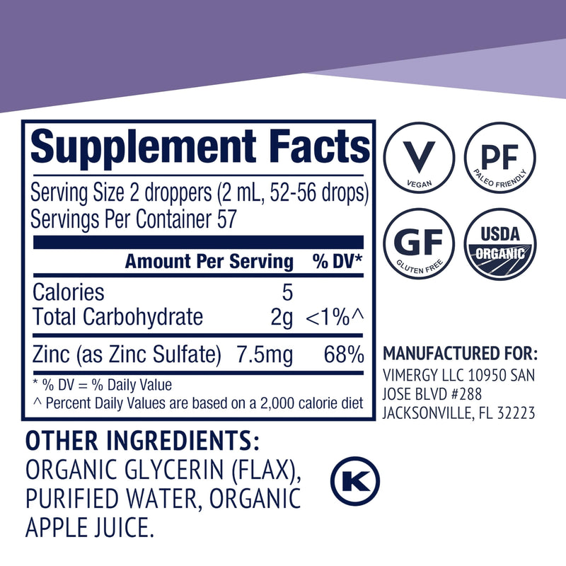 Vimergy Organic Liquid Zinc, 57 Servings – Alcohol Free Zinc Sulfate – Supports Immune Health & Metabolism – Antioxidant – Gluten-Free, Non-GMO, Kosher, Vegan & Paleo Friendly (115 ml) 3.88 Fl Oz (Pack of 1) - BeesActive Australia