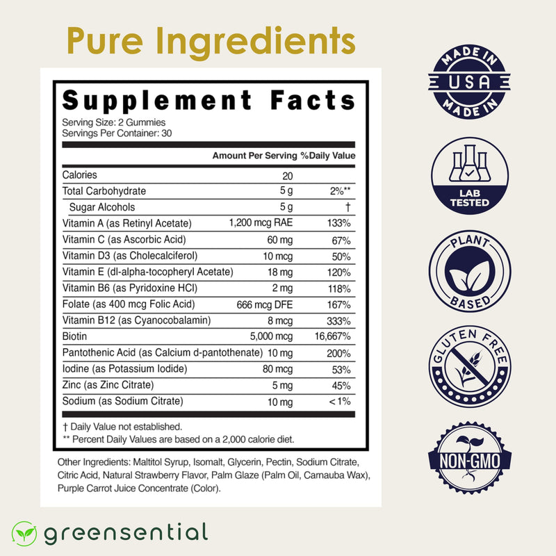 Greensential Hair, Skin & Nails Gummies - Complete Vitamin Complex with Natural Ingredients - Fuller Hair Support - No Artificial Colors, Natural Strawberry Flavor, Made in USA, 60 Ct