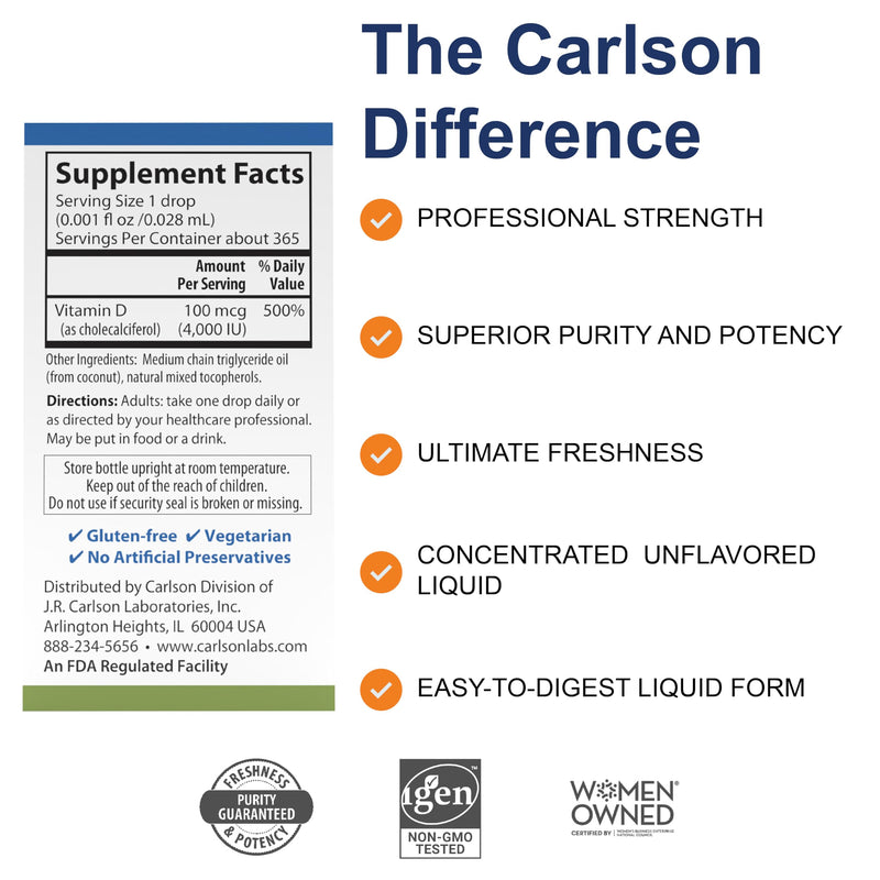 Carlson Super Daily D3 4,000 IU (100 mcg) per Drop, 365 Drops (10.3 mL) | Unflavored; Vitamin D Drop; Liquid Vitamin D3; 1-Year Supply