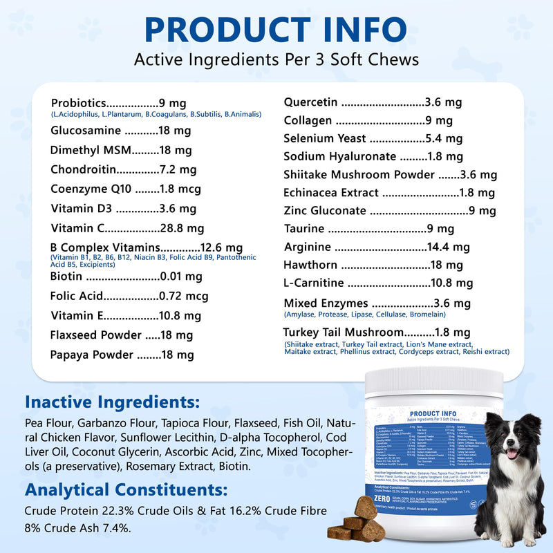 Dog Multivitamin, 40-in-1 Dog Vitamins and Supplements Chewable Contain Probiotics Omega-3 Glucosamine, Multivitamin for Dogs Skin Coat Heart Joint Liver Brain Eyes Immune Support (110ct) 110 Count