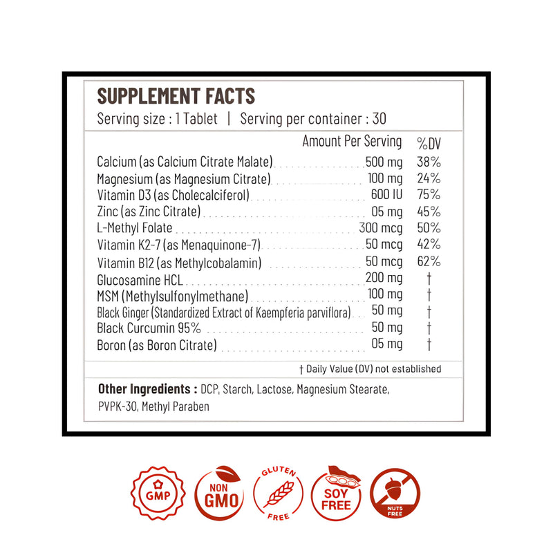 Calcium Tablets with Glucosamine, MSM, Vitamin D3, K2-7, B12, Magnesium & Zinc – 12 in 1 Formula | 30 Tablets | Dietary Supplement