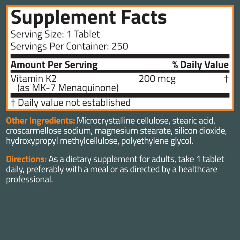 Bronson Vitamin K2 MK-7 200mcg Extra Strength, 250 Vegetarian Tablets 250 Count (Pack of 1) - BeesActive Australia
