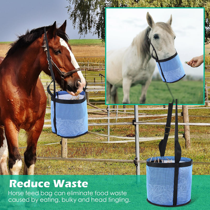 2 Pcs Horse Feed Bag Comfort Breathable Mesh Feed Bucket Heavy Duty Feed Bag with Adjustable Strap and Waterproof Bottom for Horse Feeding Supplies Muzzle Feed Bag, Medium (Blue) Blue - BeesActive Australia