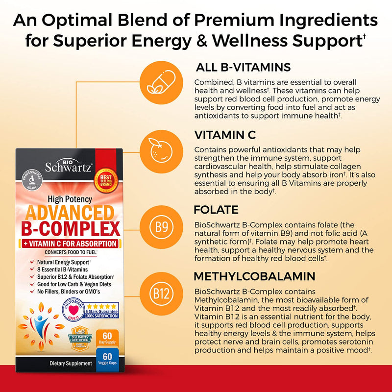 Vitamin B Complex with Vitamin C for Maximum Absorption, 60 Capsules | Methylcobalamin b12 & Folate Folic Acid Supplement - B1 B2 B3 B5 B6 B7 B9 for Energy, Immune & Nervous System Support 60 Count (Pack of 1)