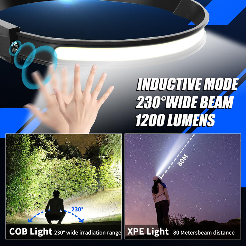 Headlamp Rechargeable 6 Pack, 230° Wide Beam LED Headlamp with 2 Spotlights, Motion Sensor, 5Mode LED Headlamp, Head Lights for Forehead, Headlamps for Adults Running Hard Hat