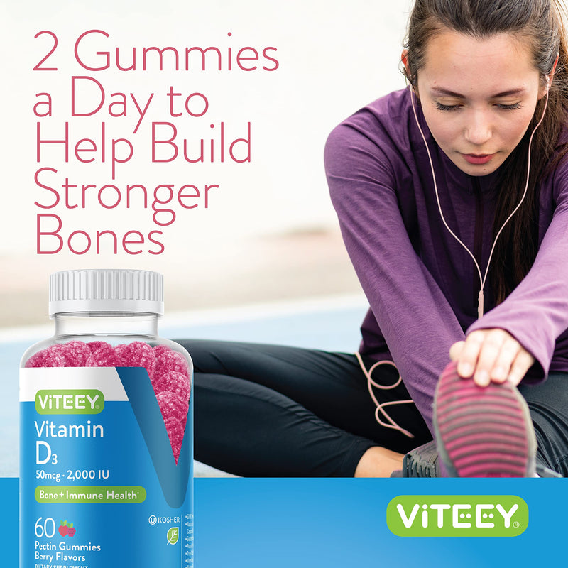 Viteey Vitamin D3 Gummies for Adults & Teens - 2,000 IU, 50mcg | Regular Strength - Joint & Muscle Health, Immune Boost - Chewable Vitamin D Gummies - Vegetarian, Gelatin Free - 60 Count 60 Count (Pack of 1)