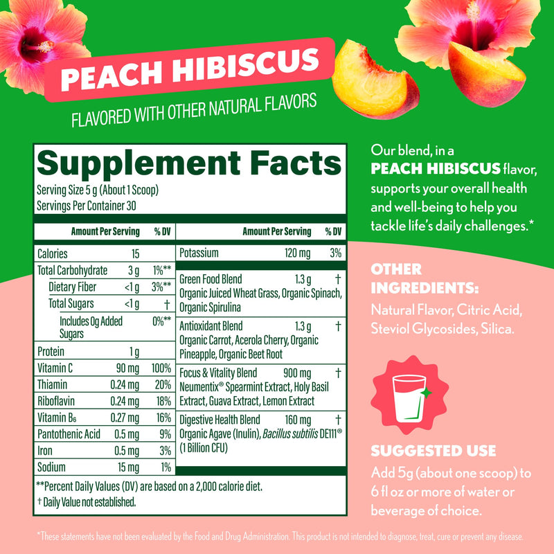 Amazing Grass Sweet Greens and Superfoods Powder for Digestive Health, Greens Powder, Digestive Enzymes, Probiotics, Spirulina, Chlorella, Peach Hibiscus, 30 Servings 30 Servings (Pack of 1) - BeesActive Australia
