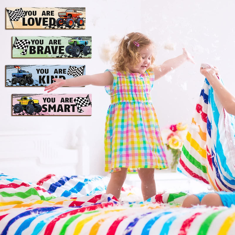 4 Pcs Truck Bedroom Wall Decor for Boys Construction Trucks Boys Room Decor Inspirational Racing Car Wooden Hanging Sign Motivational Quote Car Decoration for Kid Nursery Playroom Kindergarten - BeesActive Australia