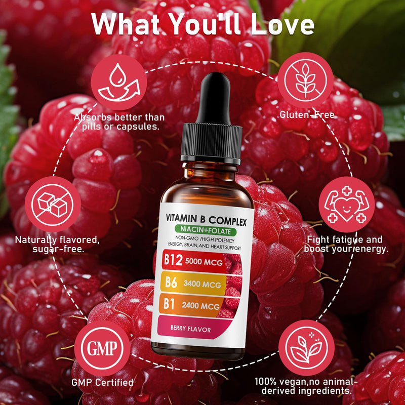 Vitamin B12 Complex with B1, B6, Vitamin B12 Raspberry Liquid Supplement, Essential Vitamin 5-in-1 Vitamin B Complex Liquid Drops, Brain Function, Focus, and Natural Energy Support (2PCS)
