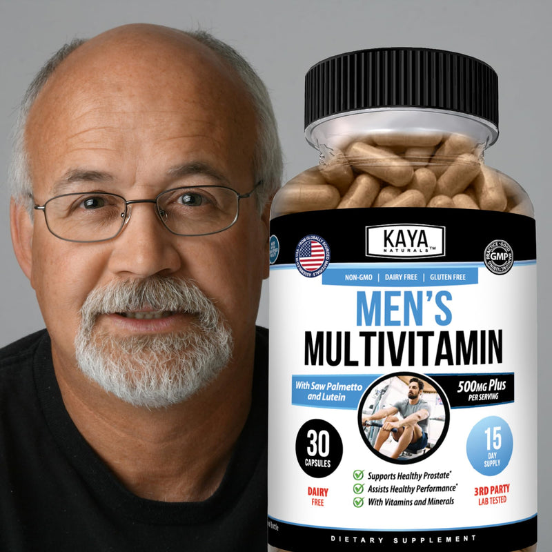 Kaya Naturals Men’s Multivitamin with Saw Palmetto & Lutein, 30 Capsules | 20 Vitamins & Minerals - Saw Palmetto; Lutein, Lycopene; Botanical, Immune & Antioxidant Blends - Vegetable Capsules 30 Count (Pack of 1)