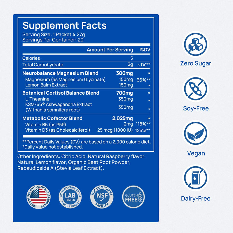 Selerb CalmTrio Magnesium Glycinate Powder Cortisol Drink Mix - No Sugar with L-Theanine, Ksm-66® Ashwagandha, Lemon Balm, Vitamin D3, B6, Supplements for Relax, Focus & Calm, Raspberry Lemon 20 Ct