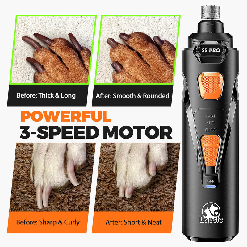 Whisper Quiet Dog Nail Grinder with 4 LED Lights, Safe & Stress-Free for Sensitive Dogs Cats of All Breeds & Sizes, 3 Grinding Bits, 3-Speed, Pet Nail Trimmers, Rechargeable Painless Grooming Kit Black