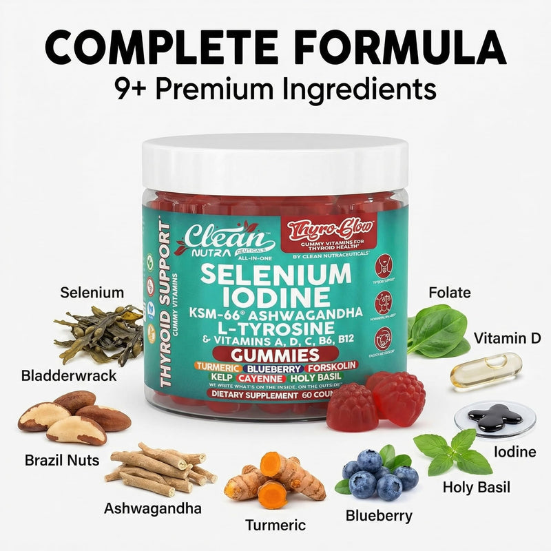 ThyroGlow Thyroid Support Gummies Selenium Iodine KSM 66 Ashwagandha L Tyrosine Vitamin D, C, B12, B6 Turmeric Blueberry Holy Basil Folate Bladderwrack By Clean Nutra