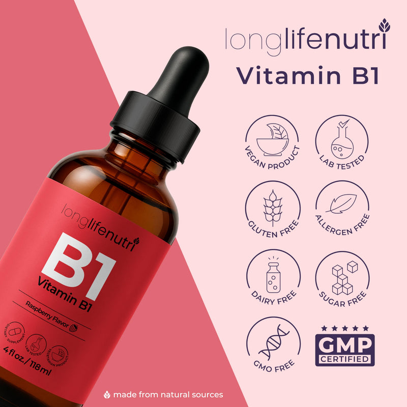 LongLifeNutri Vitamin B1 Liquid Drops - Thiamine Mononitrate Supplement for Energy and Nerve Health, Fast Absorption, 4 FL OZ, 5-Month Supply, Lab Tested, Made in USA 4 Fl Oz (Pack of 1)