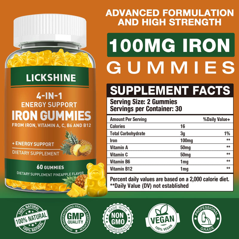 lickshine 2 Pack Vegan 100MG Iron Supplement Gummies for Women & Men - with Vitamin C, A, B for Adults & Kids - Energy Support for Iron Deficiency, Anemia - Pineapple Flavor (120 Ct) 60 Count (Pack of 2)