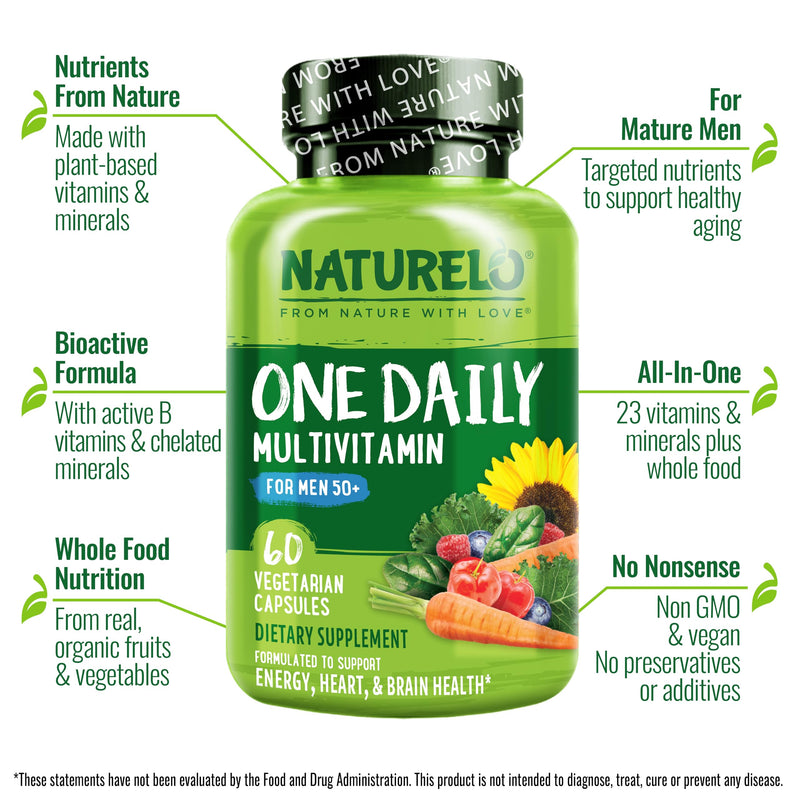 NATURELO Multivitamin for Men 50+ - One Daily, 60 Vegetarian Capsules | Vitamins, Minerals & Organic Whole Foods, Boost Energy and Health, Non-GMO 60 Count (Pack of 1)