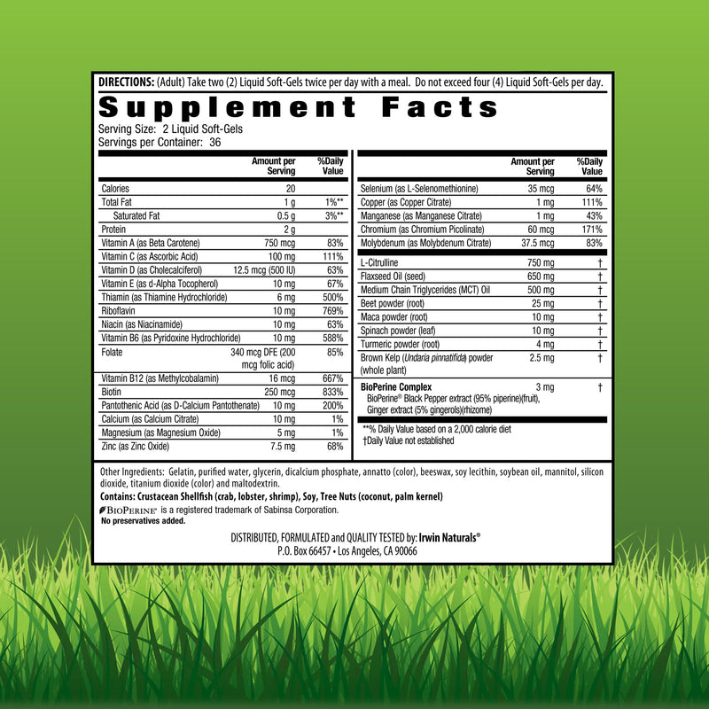 Irwin Naturals Quick Energy RED Active Lifestyle Multivitamin | Daily Energy Support | L-Citrulline + Beet Root | Nitric Oxide Support | 72 Liquid Soft-Gels 72 Count (Pack of 1)