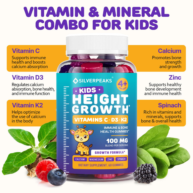 SILVERPEAKS Bone & Natural Growth Support Gummies for Kids & Teens - 60 pcs | Calcium, Zinc, Vitamins D3 & K2, C, Magnesium - Bone Strength & Joint Support for Boys & Girls - Fruit Flavor 60 Count (Pack of 1)