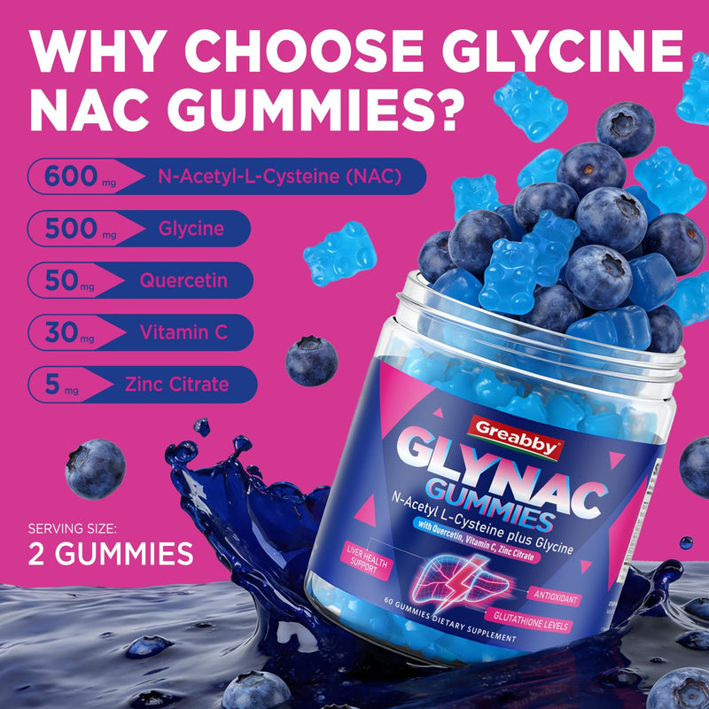 NAC Gummies, Glycine & N-Acetyl Cysteine Supplement for Kids & Adults | Glynac with Quercetin, Vitamin C & Zinc, Liver & Cellular Support, Glutathione Production