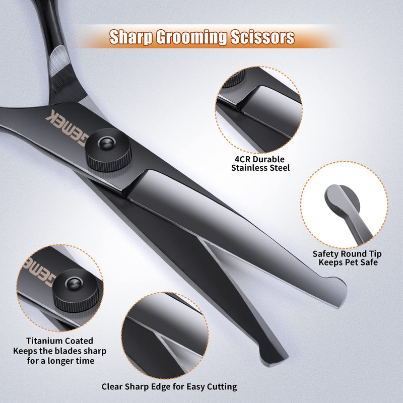 Dog Grooming Scissors Set with Round Safety Tips, GEMEK Professional 6 in 1 Dog Grooming Scissors, Titanium Coated Heavy Duty Scissors for Dogs, Cats and Other Animals (Black) Black - BeesActive Australia