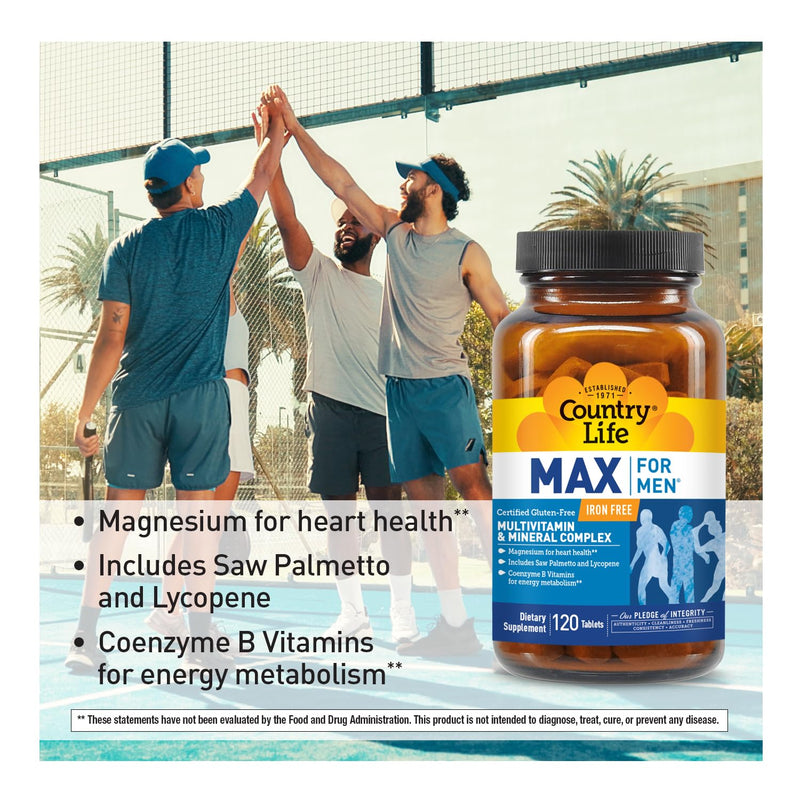 Country Life Max for Men Iron-Free Multivitamin,120 Tablets | Coenzymated B vitamins, magnesium, saw palmetto and lycopene for daily men's wellness support