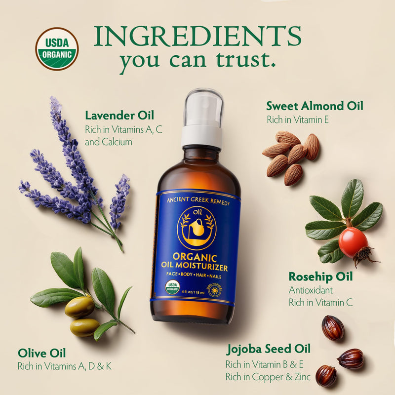 Organic Body & Face Oil for Dry Skin, Hydrating After Shower Moisturizer | Lightweight Nourishing Facial & Body Oil, Natural Cold-Pressed Almond, Olive, Jojoba, Rosehip & Lavender Oils, Vitamin E 4 Fl Oz (Pack of 1)