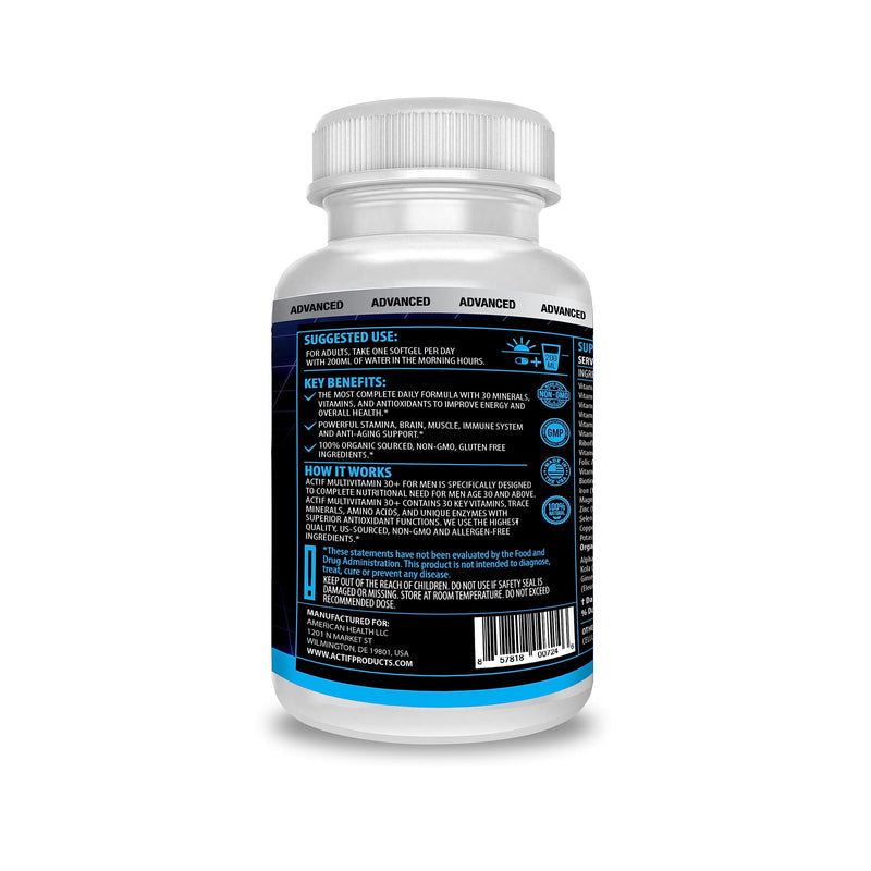 ACTIF Organic Multivitamin for Men Age 30+ with 30 Organic Vitamins and Organic Herbs, Non-GMO, Made in USA, 90 Count