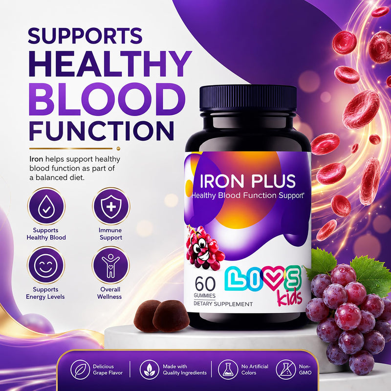 LIVS Iron Supplement for Kids with Vitamin C, A, B3, B5, B6, B12, Biotin, Zinc & Folate | Non-GMO, Gluten Free Chewable Supplement as Gummy for Energy Boost & Anemia Support - 60 Count Kids - Iron Plus 60 Count (Pack of 1)