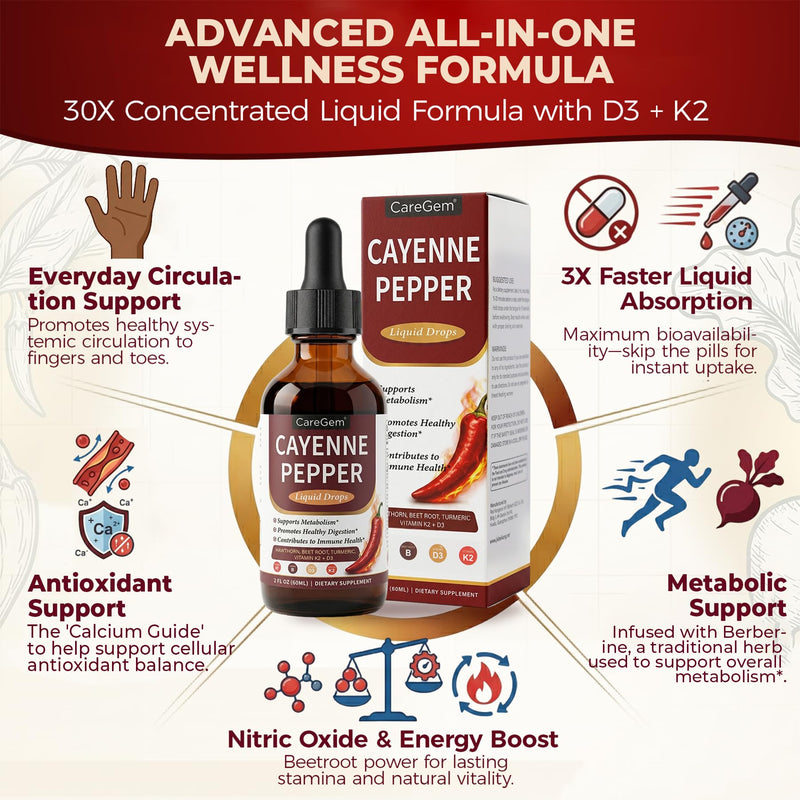 Cayenne Pepper Drops with Vitamin D3 K2 MK-7-30:1 Organic Beetroot & Hawthorn Berberine, Turmeric, Panax Ginseng - 2 Fl Oz