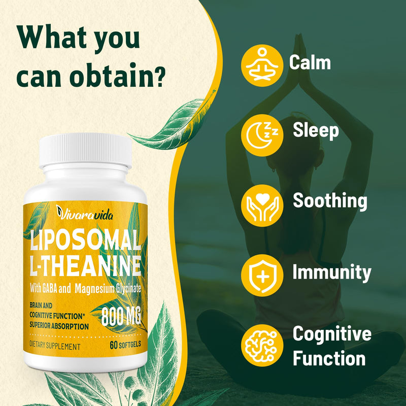 Vivaravida L-Theanine 800mg Supplement with GABA and Magnesium Glycinate - Natural Compound, Sleep and Relaxation (120 Softgels) 60 Count (Pack of 2)