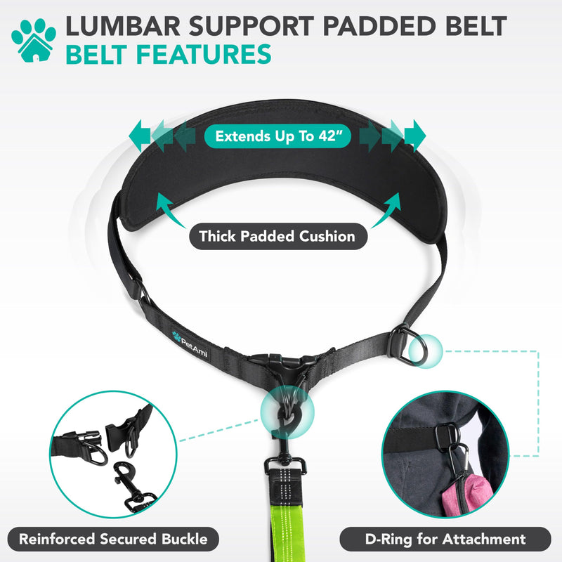 PetAmi Heavy Duty Hands Free Dog Leash, Adjustable Waist Belt for Large Dog Walking Up to 125 lbs, Bungee Leash for Pet Running, Hiking, Reflective Safety for Jogging, Biking, Green Handle 1 Leashes